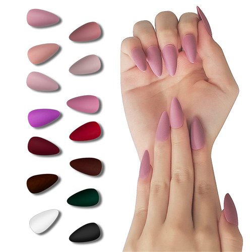 EchiQ 14 Packs Press on Nails Medium Almond Shape Stiletto Artificial False Nails With Design Faux Ongles Matte 336pcs
