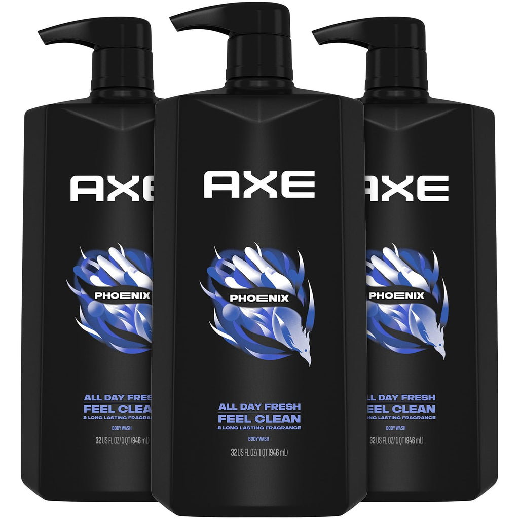 AXE Men's Body Wash & Shower Gel, Phoenix, 3-Pack, 12H Invigorating Crushed Mint & Rosemary Scent, 32 Fl Oz Each