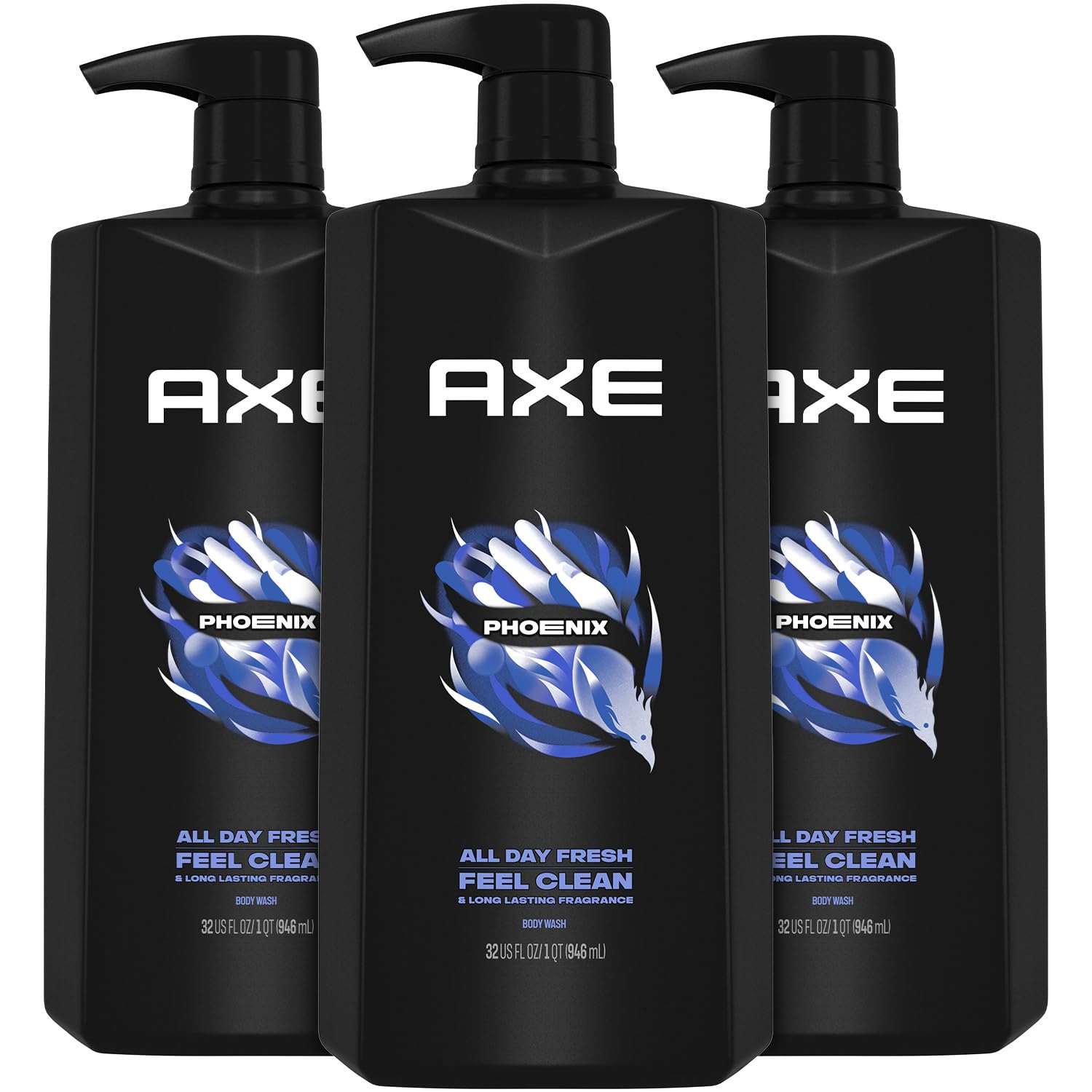 AXE Men's Body Wash & Shower Gel, Phoenix, 3-Pack, 12H Invigorating Crushed Mint & Rosemary Scent, 32 Fl Oz Each