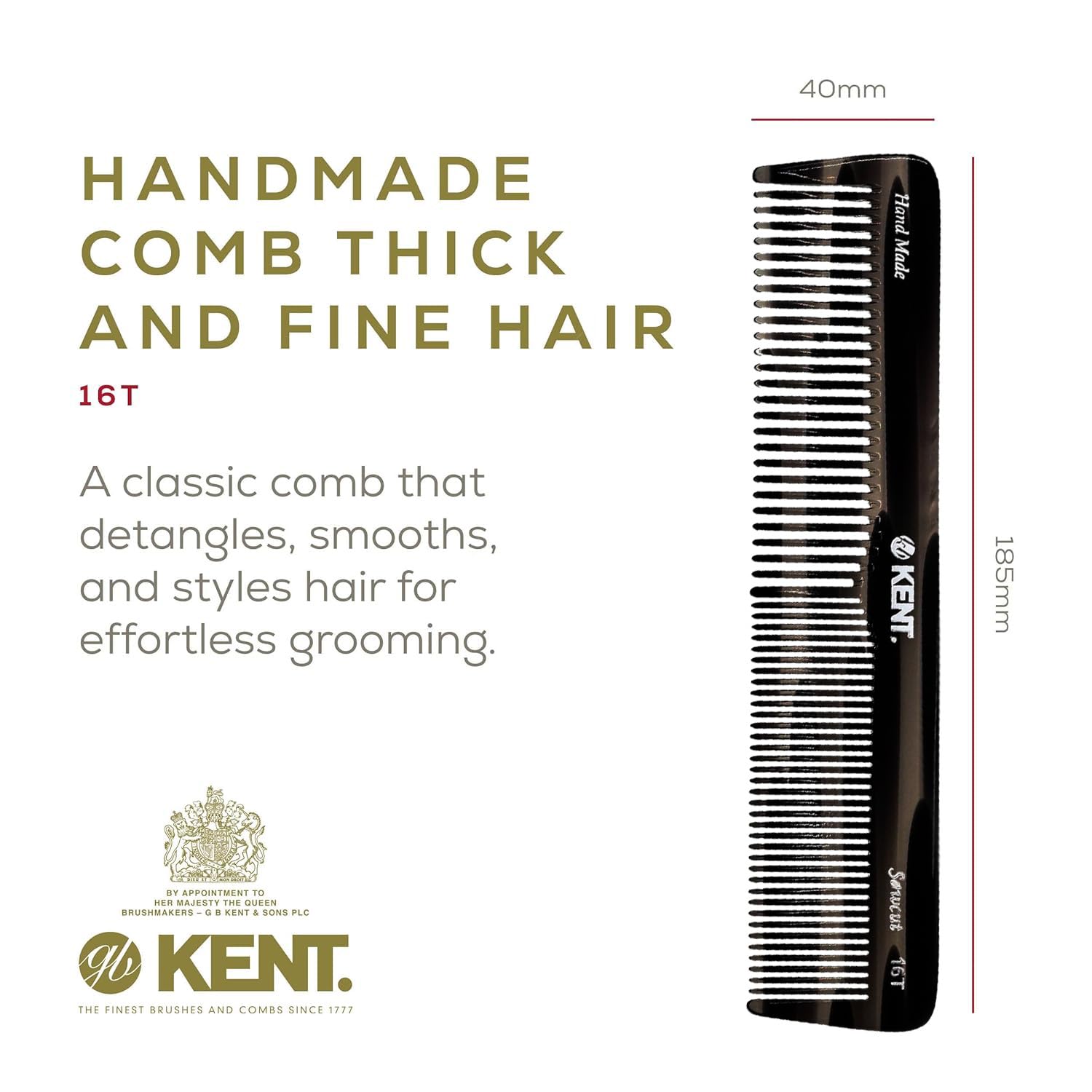 Kent 16T G Black Graphite Fine and Wide Tooth for Daily Grooming, Handmade Styling Comb for All Hair Types, Wet or Dry Hair Detangling Comb for Men and Women, Saw Cut Hand Polished, Made in England