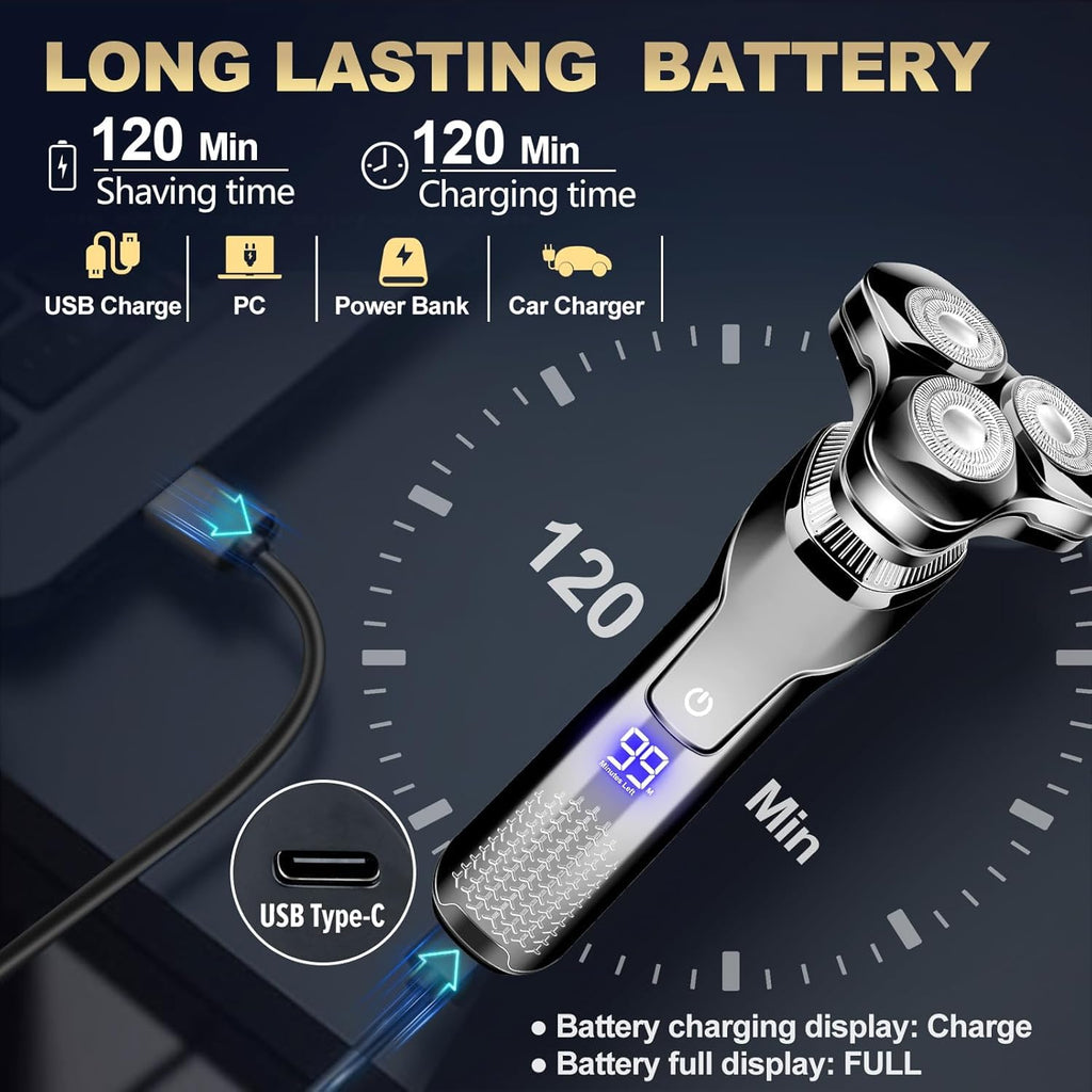 Men's Electric Razor, Upgraded 4D Floating Magnetic Blade Head Rotary Shaver, 3-in-1 Multifunctional for Beard/Nose/Sideburns, IPX7 Waterproof Rechargeable Cordless Shaver, Turbo Speed, Gift for Men