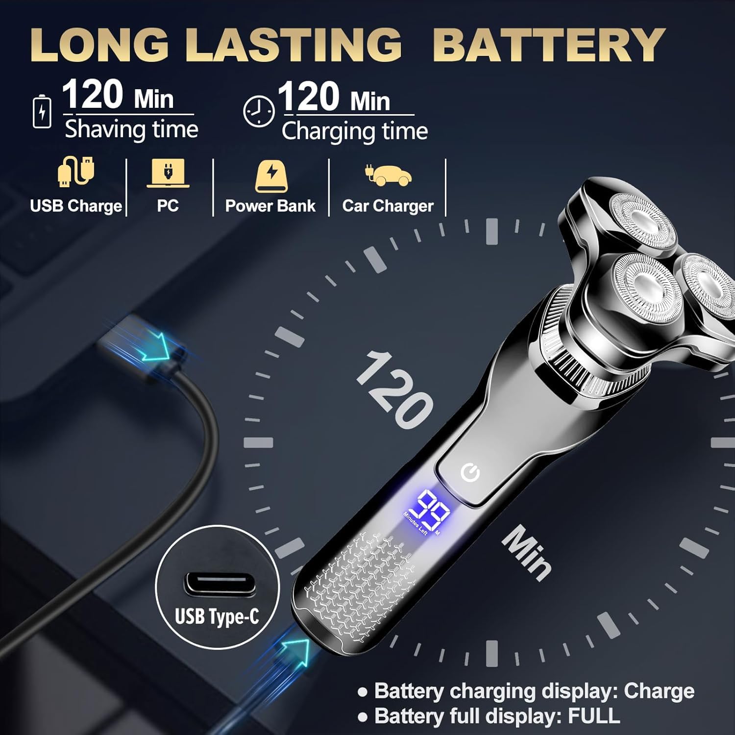 Men's Electric Razor, Upgraded 4D Floating Magnetic Blade Head Rotary Shaver, 3-in-1 Multifunctional for Beard/Nose/Sideburns, IPX7 Waterproof Rechargeable Cordless Shaver, Turbo Speed, Gift for Men