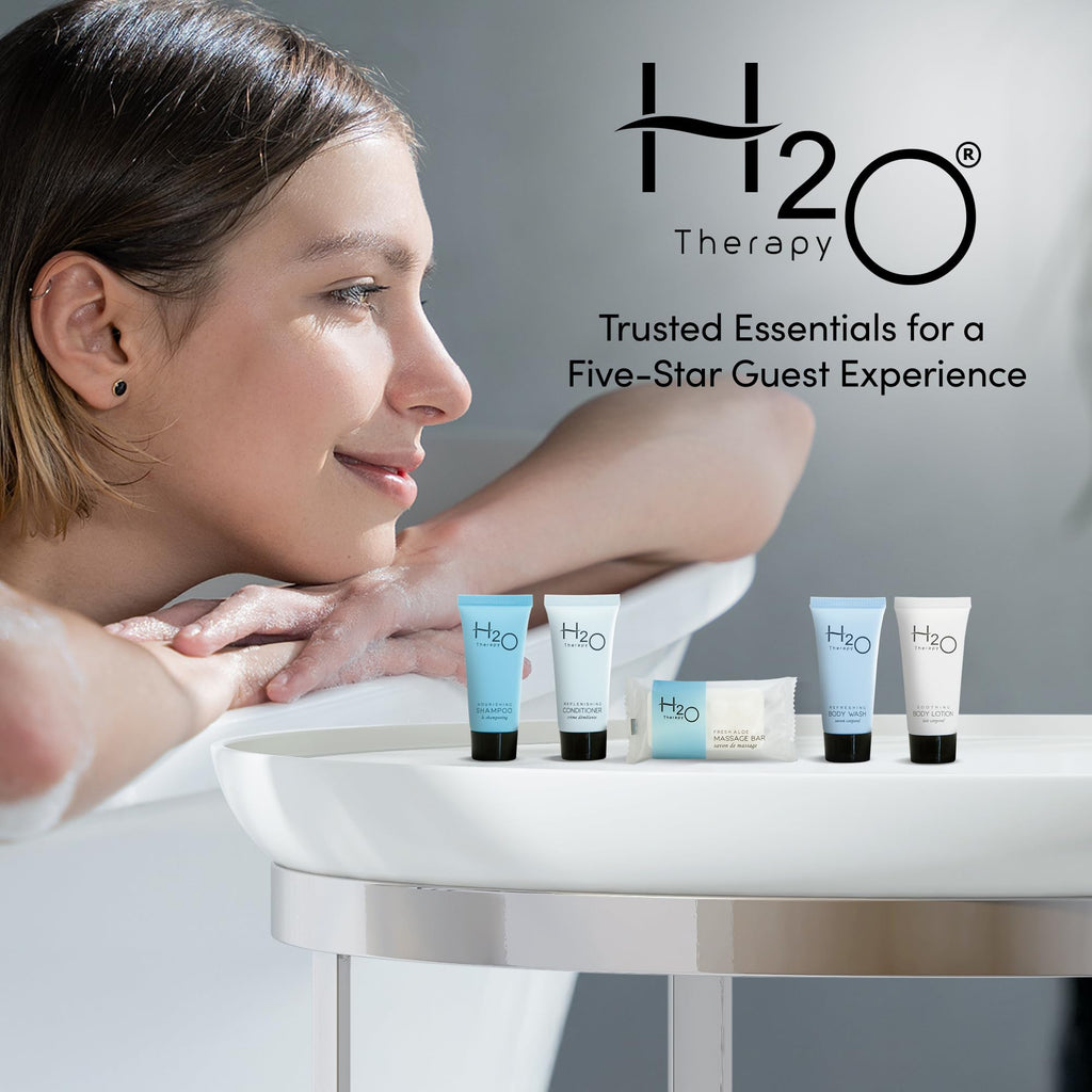 H2O Therapy Amenity & Accessory Kit | 0.85 oz Travel Size Shampoo, Conditioner, Lotion, Body Wash, Massage Bar, Cleansing Bar, Shave & Dental Sets, Make-Up Remover Wipes, & Vanity Kit | 15 sets/case