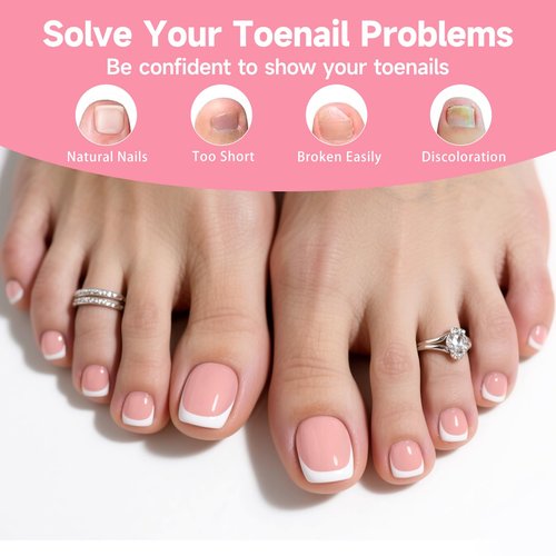 Toe Press On Nails, 240Pcs White French Press On Toenails Kit, Nude Square Pre-Designed Soft Gel False Toenail Extension, 12 Size Full Cover Fake Toenail Press Ons for Women