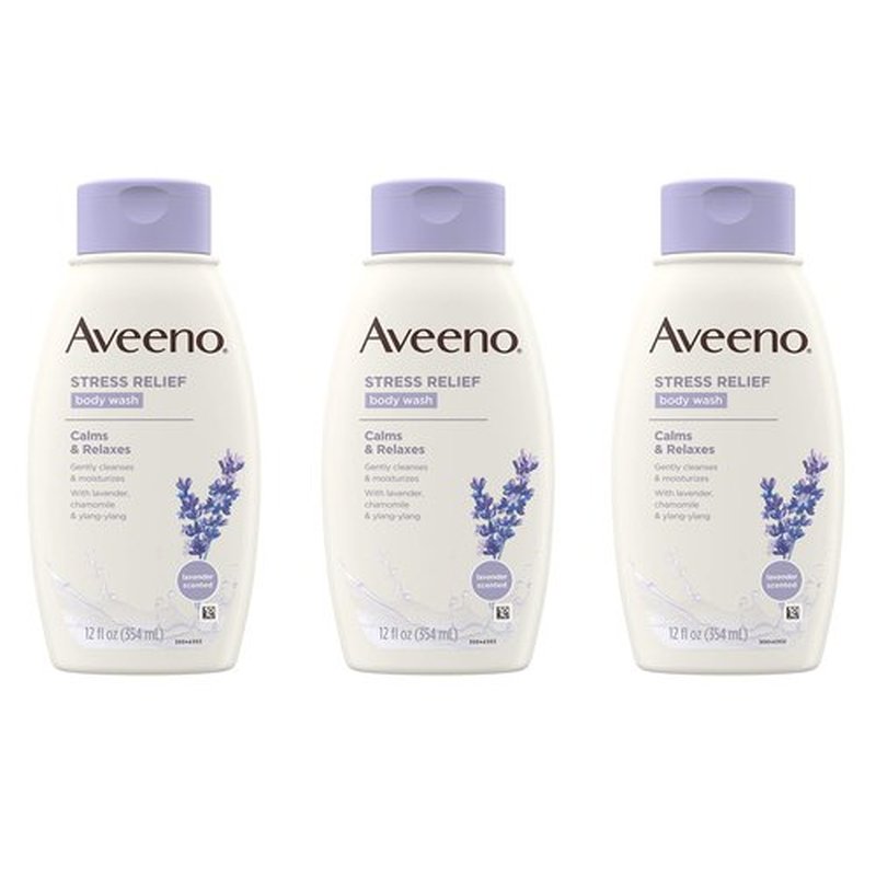 Aveeno Stress Relief Body Wash with Soothing Oat, Lavender, Chamomile & Ylang-Ylang Essential Oils, Hypoallergenic, Dye-Free & Soap-Free Calming Body Wash, 12 fl. Oz (Pack of 3)
