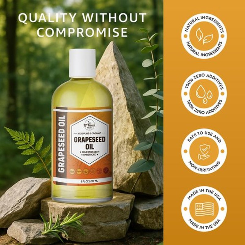 Organic GRAPESEED Oil (8 oz) Cold Pressed Unrefined | 100% Pure Natural, Non-GMO | Available in Bulk | Skin, Hair, Face, Carrier Oils, Soap Making | 8 FL OZ
