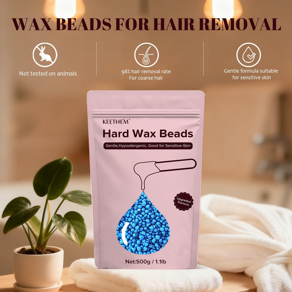 Keethem Hair Removal Wax, 1.1lb/17.6oz Waxing Beads for Sensitive Skin, Full Body Hard Wax Beans with 20 Wax Sticks for Women Men Bikini Brazilian, Armpit, Back and Chest Waxing