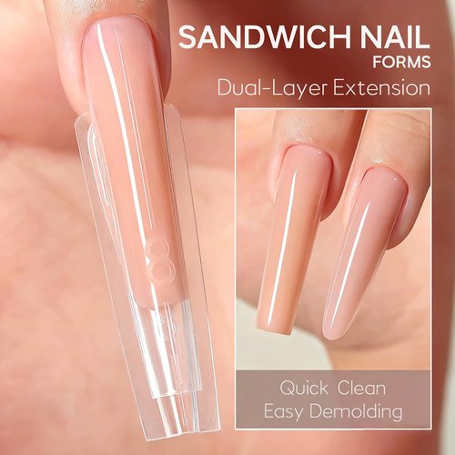 Sandwich Nail Dual Forms for Builder Gel, 240Pcs 15 Sizes Long Coffin Forms Kit – Prevents Gel Stacking & Warping, Beginner-Friendly Reusable Nail Molds for Quick Salon Extensions