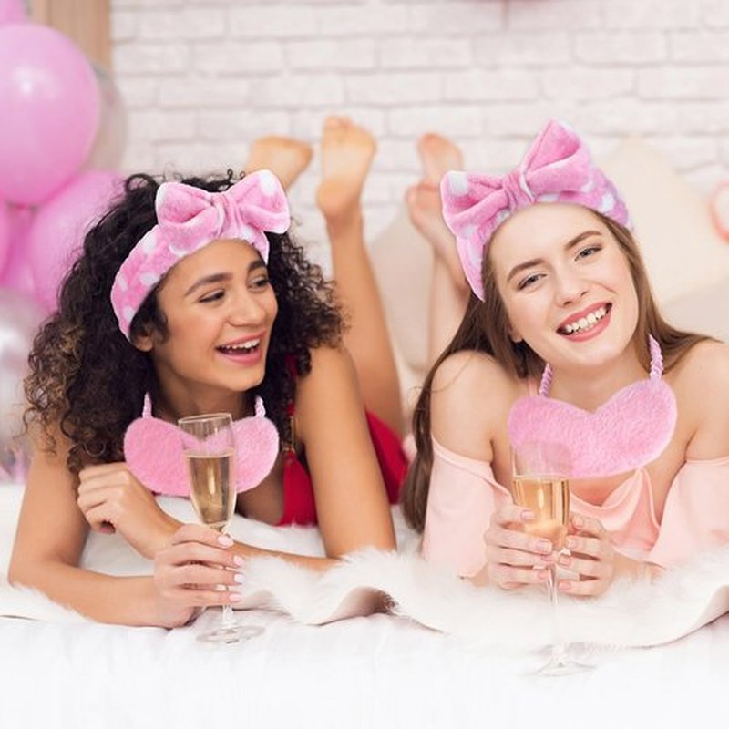 24 Pieces Sleepover Party Favors Spa Headband Sleep Eye Mask Bulk Pink Headband for Washing Face Bow Makeup Eye Mask for Spa Birthday, Bachelorette Party, Slumber Wedding