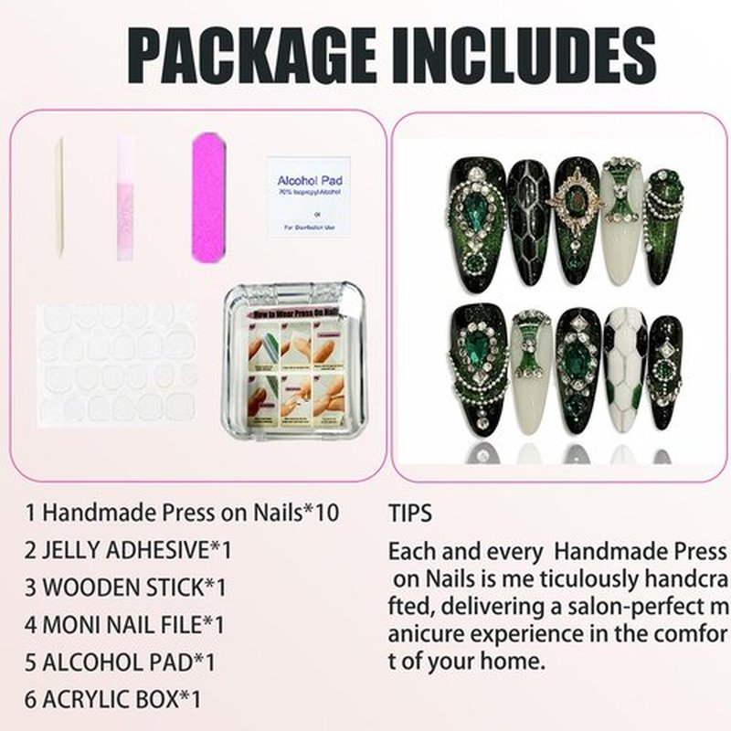 Handmade Green Gemstone Press On Nails long Coffin Reusable Stick On Fake Nails Luxury Elegant Sexy Style For Women Gift With Nail Glue Red Black M