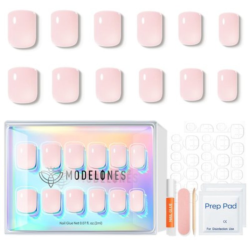 Modelones Extra Short Press on Nails, Semi-Transparent Squoval Fake Nails, Reusable Nail Kit with Nail Glue Adhesive Tabs Mini Nail File, Valentines Nails Press Ons 32Pcs 16 Sizes, Soft Pink