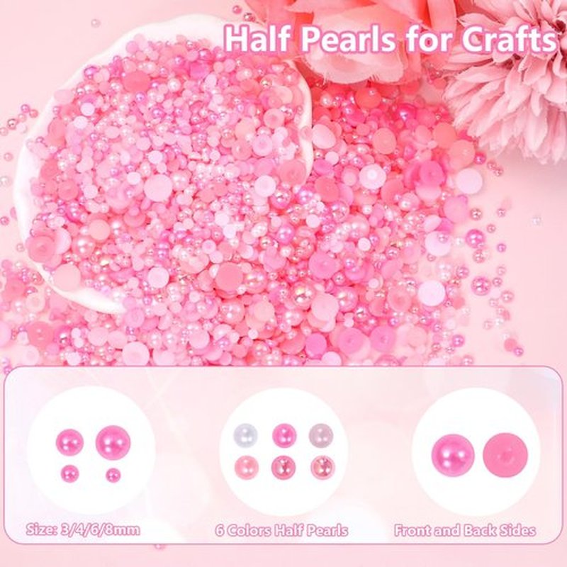 Pink Flatback Pearls for Crafting, 3/4/6/8mm Flatback Nail Pearls Beads, Half Round ABS Pink Color White Pearl Beads Gems for Nails Art DIY Crafting Face Hair Manicure DIY