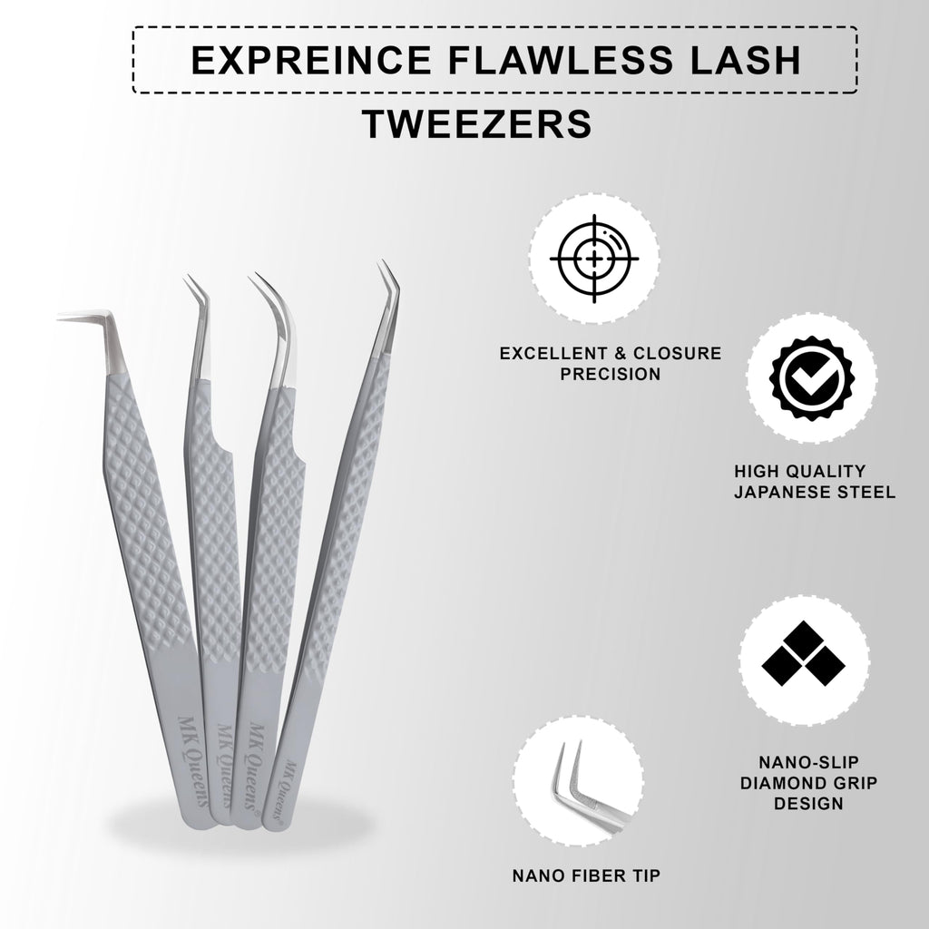 MK Queens Lash Tweezers - Stainless Steel Fiber Tip Eyelash Tweezers (Set of 4) - Diamond Grip Professional Lash Tweezers for Eyelash Extensions (Grey)