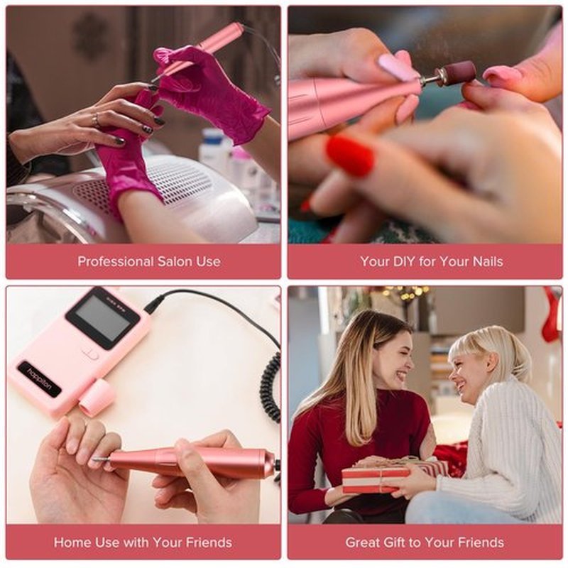 HAPPITON Electric Nail Drill - 50,000 RPM, Rechargeable, LED Display, Cordless Nail File Kit for Manicure, Pedicure, Acrylics & Gel Polish, Home & Salon Use-Pink