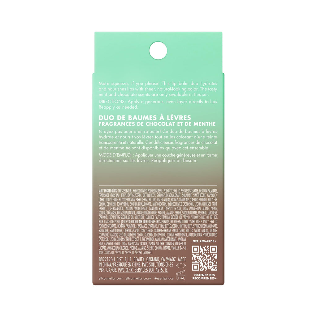 e.l.f. Squeeze Me More Lip Balm Duo, Moisturizing Balm For A Sheer Tint Of Color, Made With Hyaluronic Acid, Vegan & Cruelty-Free, Mint & Chocolate