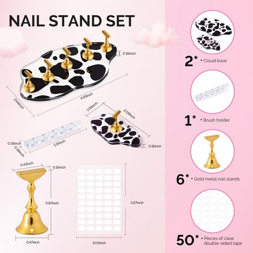 MelodySusie Update Nail Stand for Press Ons, 2 Spotted Cloud Magnetic Bases for Practice Painting Display Practice with Brush Holder and Reusable Double-Sided Tape for Home DIY Salon Supplies