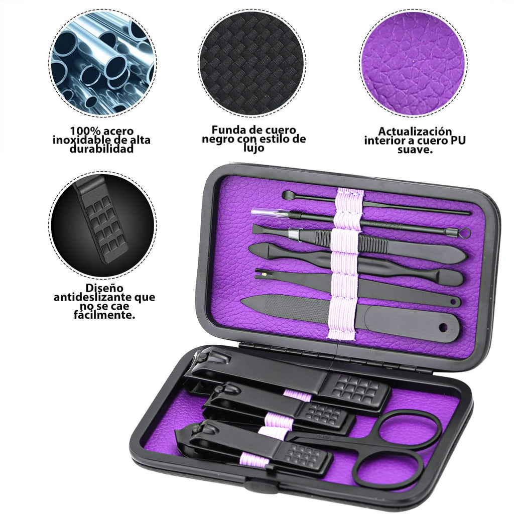Glamne Manicure Set Nail Clippers Kit Professional Stainless Steel Nail Care Tools with Leather Travel Case 10 in 1 Purple