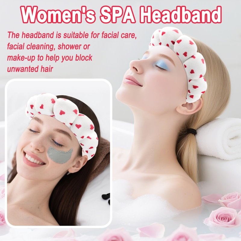 Zkptops Spa Headband for Washing Face Wristband Set Sponge Makeup Skincare Velvet Fabric Bubble Soft Get Ready Hairbands for Women Puffy Headwear Non Slip Thick Thin Hair Accessory (Red Heart)
