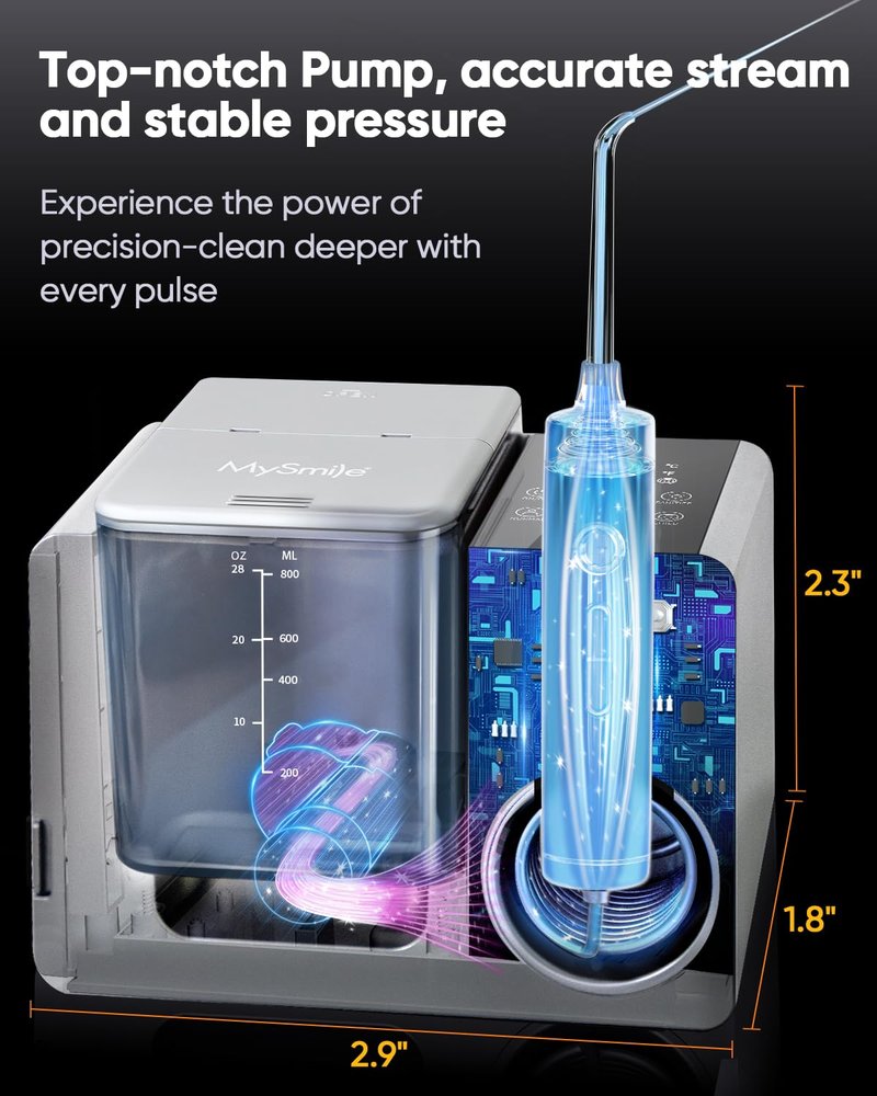 MySmile LP233 Pro UVC Sterilizable Countertop Water flossers for Teeth 800ML Digital Display Electric Oral Irrigator with a Water Filter 3 Modes and 6 Jet Tips (Frosted Silver)