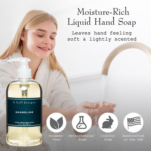 K. Hall Designs Shoreline Liquid Hand Soap, Tranquil Ocean-Inspired Scent, Natural Liquid Soap for Bathroom & Kitchen, Plant-Based Formula, 12 fl oz