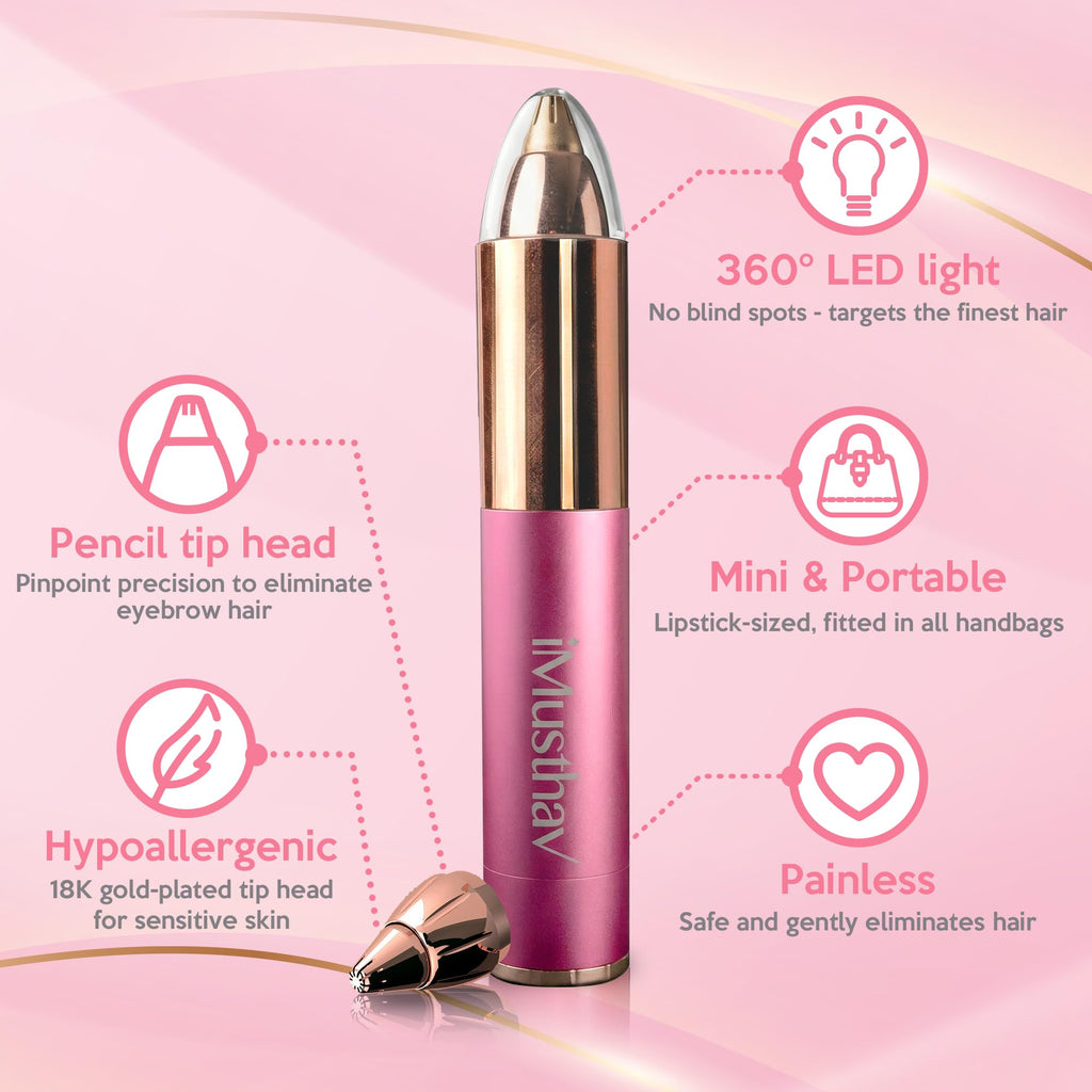 iMusthav Eyebrow Trimmer for Women, Precise & Painless Eyebrow Razor with LED Light, Electric Facial Hair Remover for Flawless Brows, Lip & Face, Battery Operated, Travel-Friendly, Gold-Plated Design