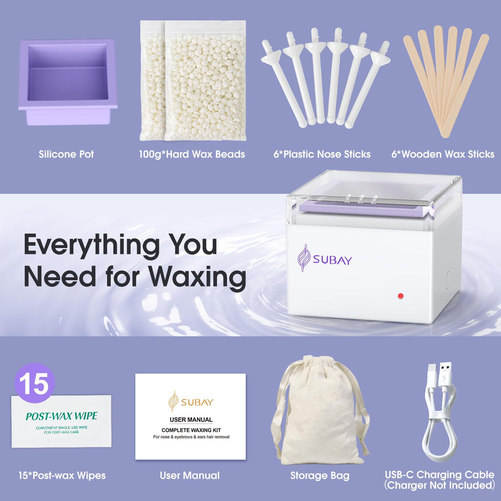SUBAY Nose Wax Kit, Cordless Mini Wax Warmer for Ear Eyebrow Hair Removal, Waxing Kit for Women Men with 100g Beads, 6 Nose Sticks, 6 Applicators, Storage Bag, Rechargeable Machine for Face Waxing