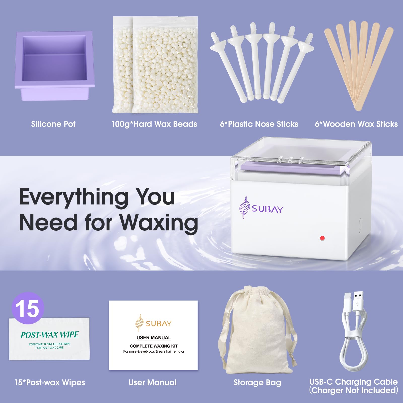 SUBAY Nose Wax Kit, Cordless Mini Wax Warmer for Ear Eyebrow Hair Removal, Waxing Kit for Women Men with 100g Beads, 6 Nose Sticks, 6 Applicators, Storage Bag, Rechargeable Machine for Face Waxing