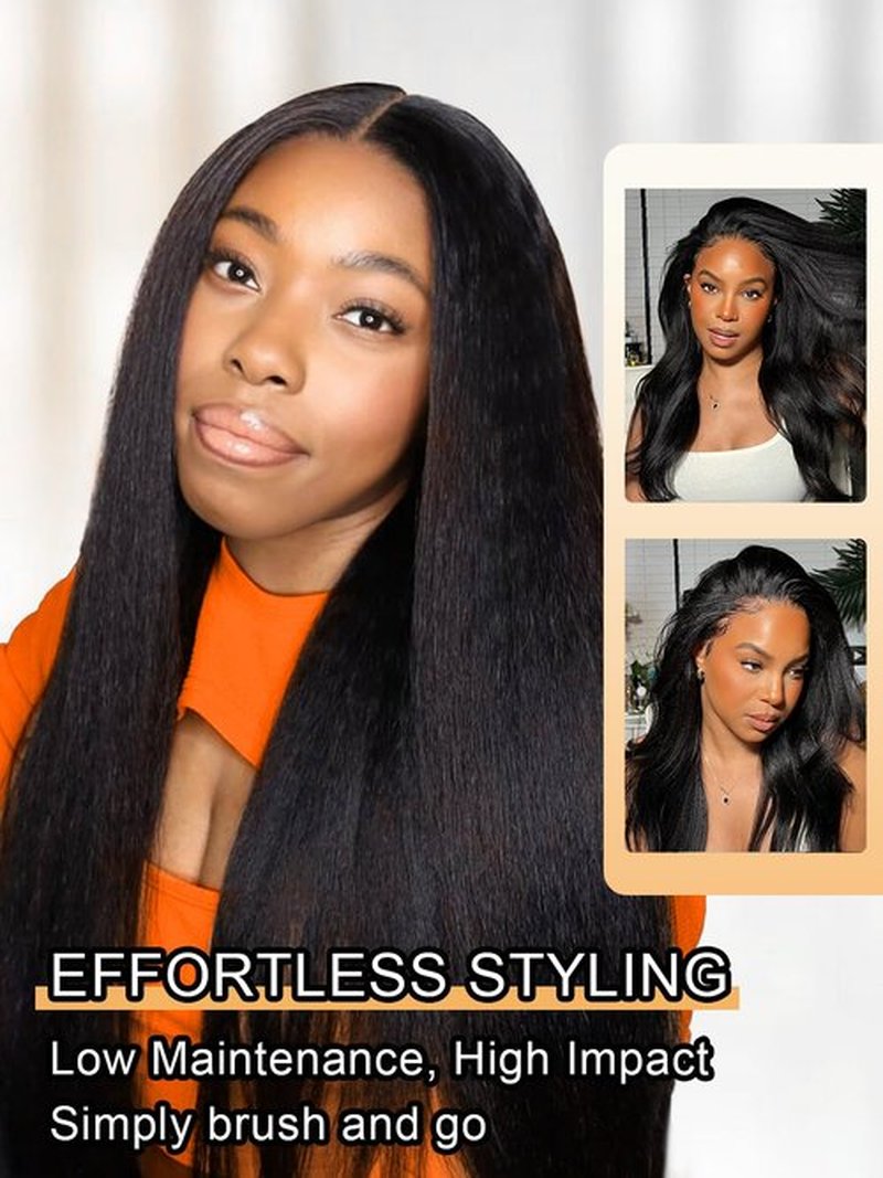 ALLWIN KinkyStraight Human Hair Wig for Black Women 22 Inch, 180% Density Yaki Straight Human Hair Wig Pre Plucked 13x4 HD Transparent Glueless Kinky Straight Lace Front Wig Natural Color