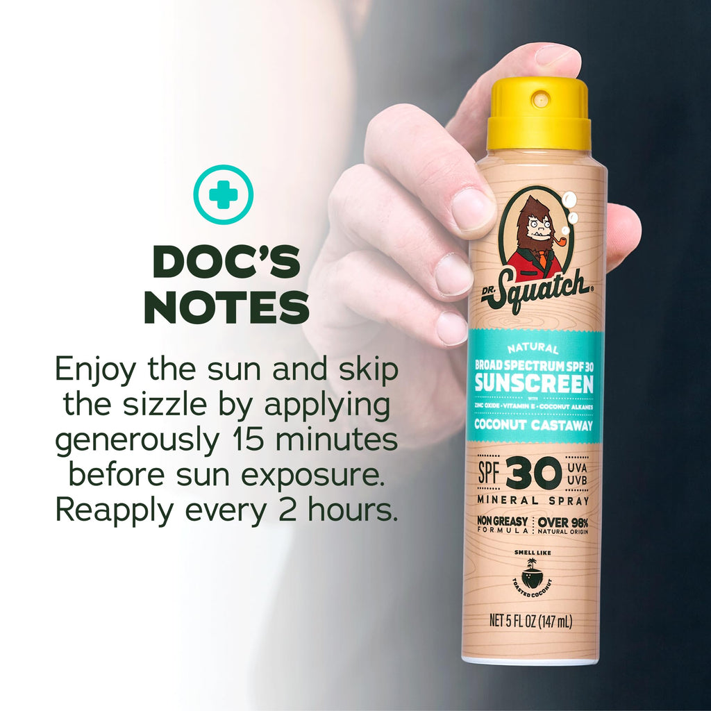 Dr Squatch Sunscreen Spray – Mineral Sunscreen for Face and Body, SPF 30, Broad Spectrum UVA/UVB Protection – Zinc Oxide, Lightweight Non-Greasy Formula – Coconut Castaway (5 fl oz)