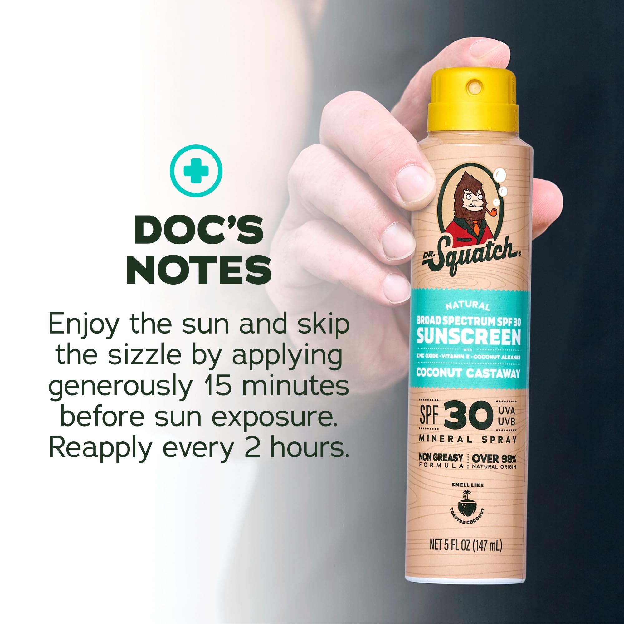 Dr Squatch Sunscreen Spray – Mineral Sunscreen for Face and Body, SPF 30, Broad Spectrum UVA/UVB Protection – Zinc Oxide, Lightweight Non-Greasy Formula – Coconut Castaway (5 fl oz)