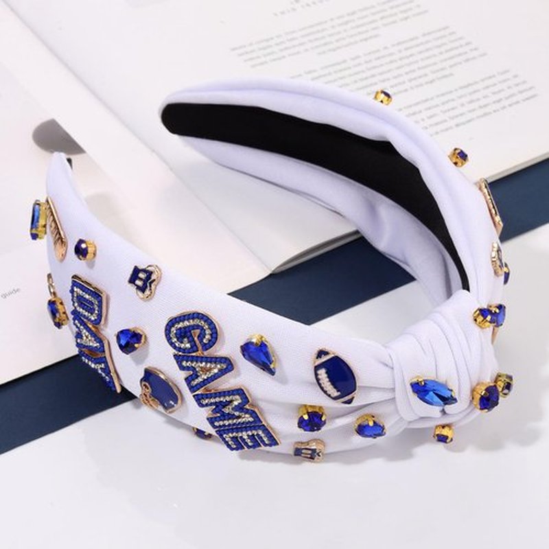 Football Headband for Women Football Accessories Beaded Football Rhinestone Crystal Knotted Headband Jeweled Embellished Game Day Top Knot Hairband Football Mom Hair Accessories (D-White Blue)