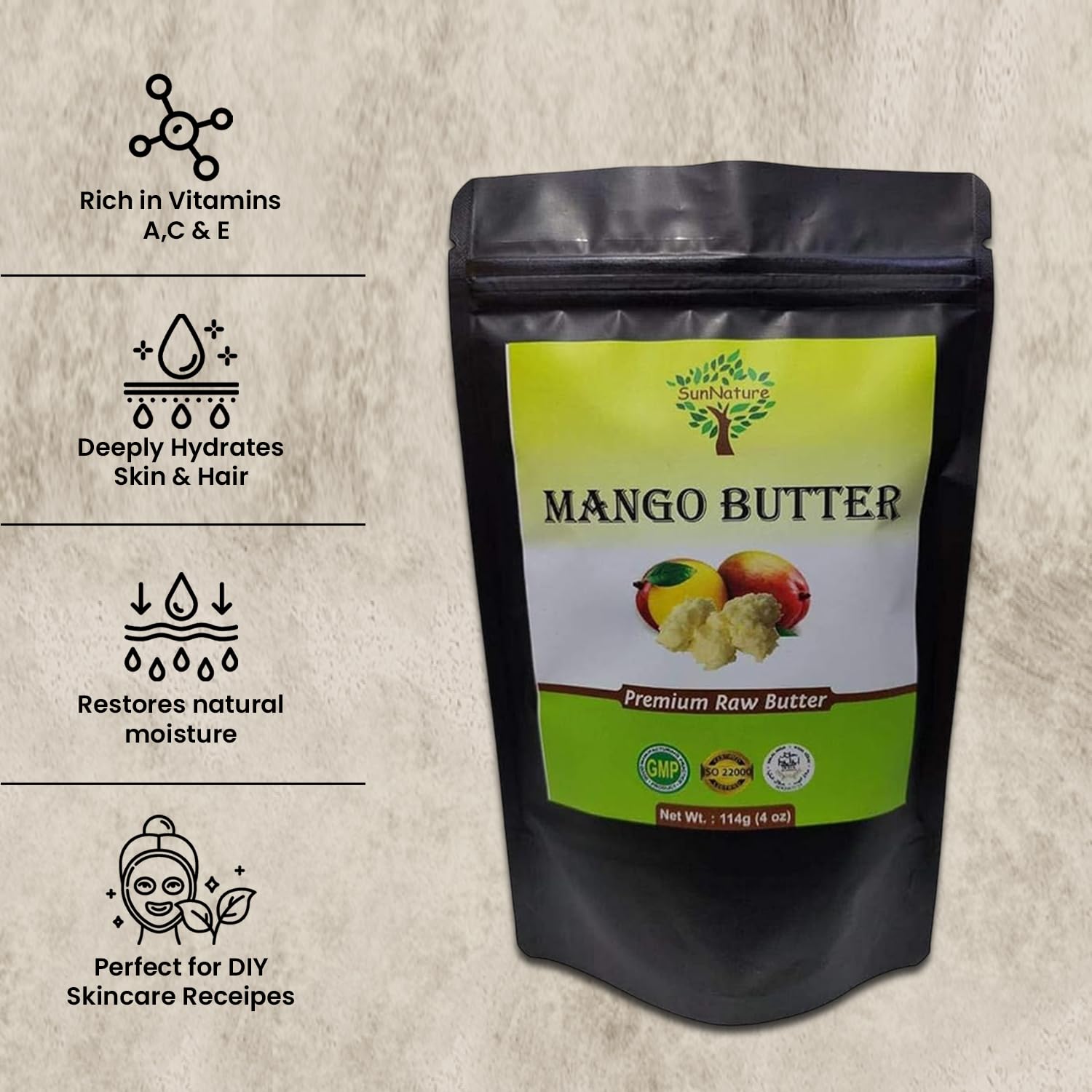 SunNature 100% Pure Mango Butter - Can Substitute Shea Butter in Soap and Lotion Recipes - Moisturising, Scent-free, Hexane-free (4 Oz)