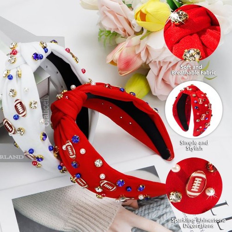 Gosuoa Football Headband for Women, Football Mom Essentials Accessories Pearl Rhinestone Knotted Headband