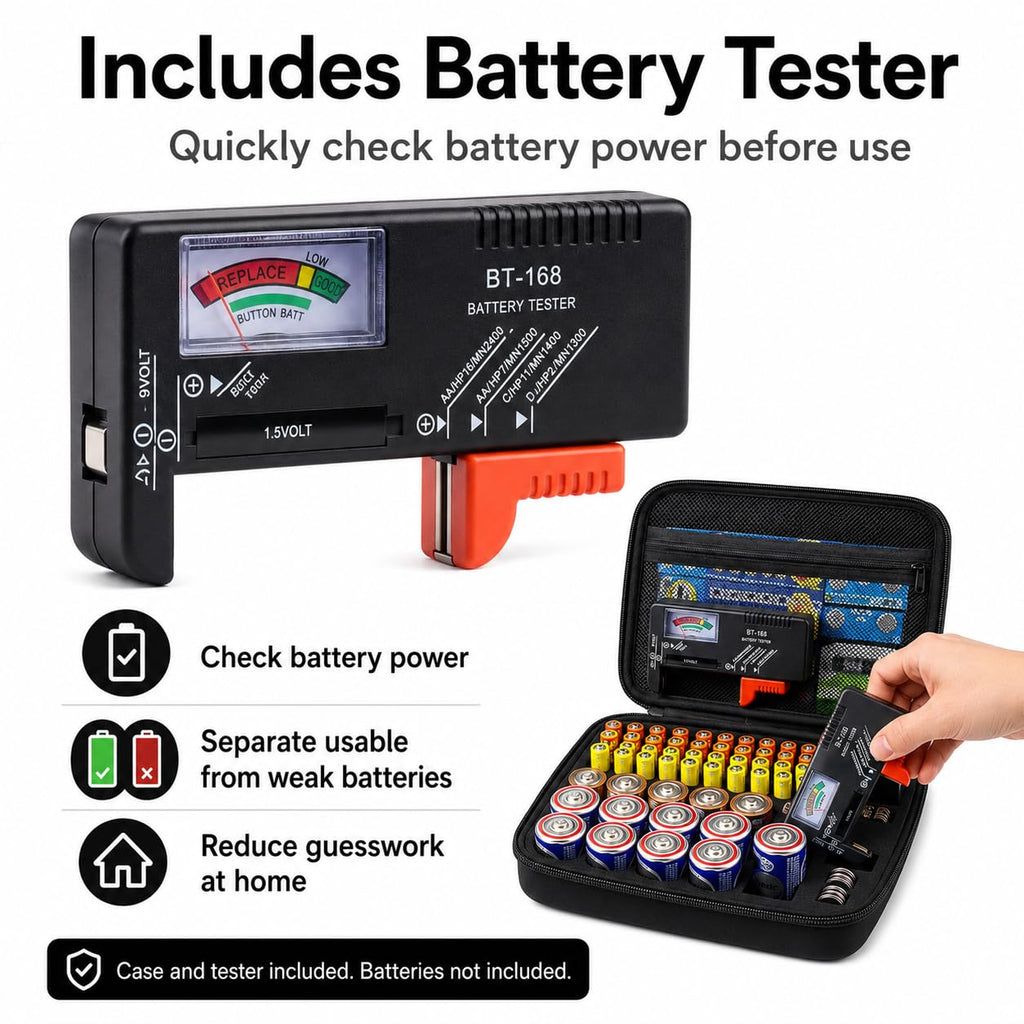 Comecase Battery Organizer Storage Case with Tester, Hard Battery Holder for AA AAA C D Button Cells, Holds 80 Batteries, Portable Batteries Box for Drawer Garage Home Emergency Supplies, Case Only