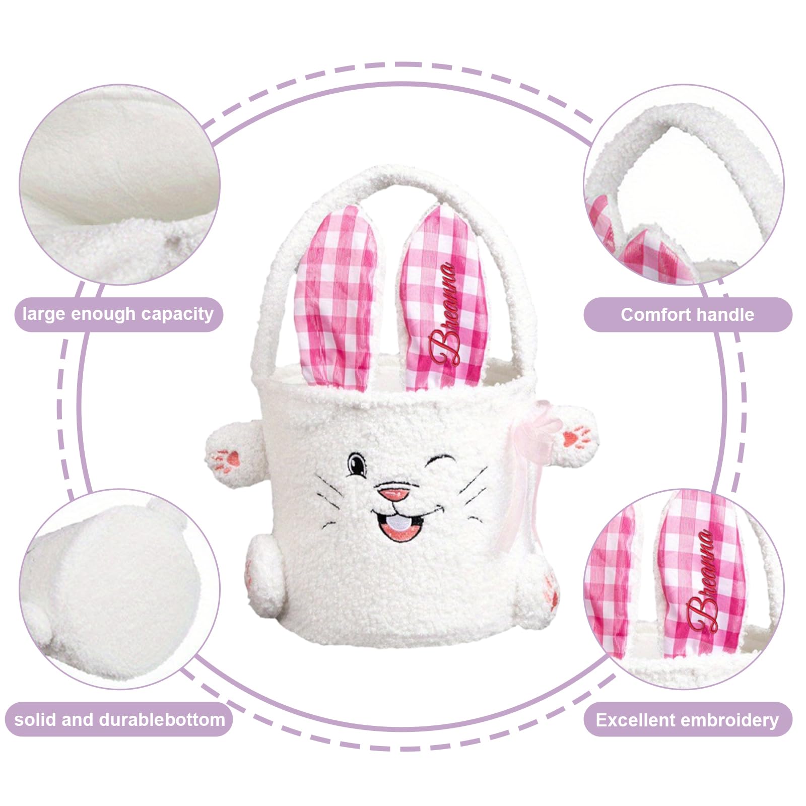Personalized Easter Bunny Baskets - Custom Easter Basket with Embroidered Name, Fillable Easter Basket for Egg Hunts, Holiday Celebrations & Party Favors