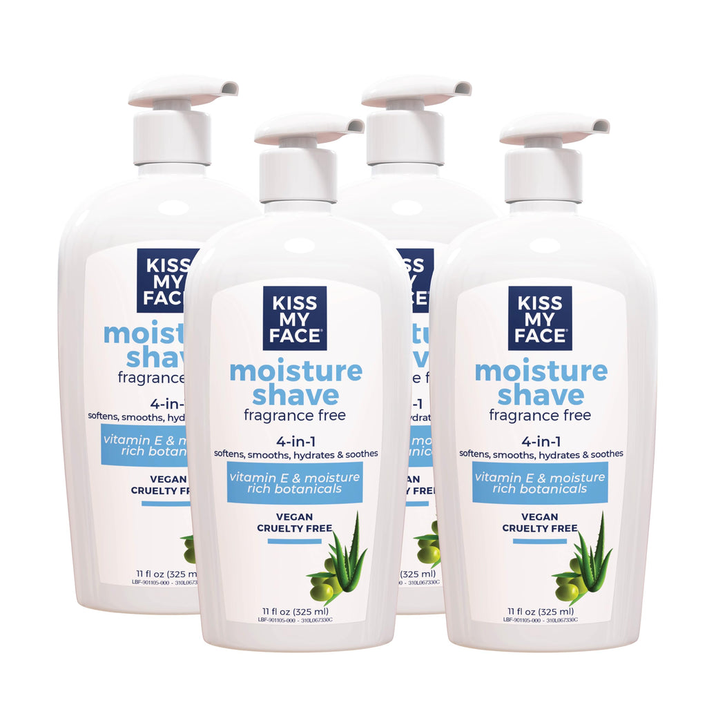 Kiss My Face Moisture Shave Cream, Fragrance Free Shaving Cream for Men and Women, 11 oz Pump Bottle, Pack of 4 (Packaging May Vary)