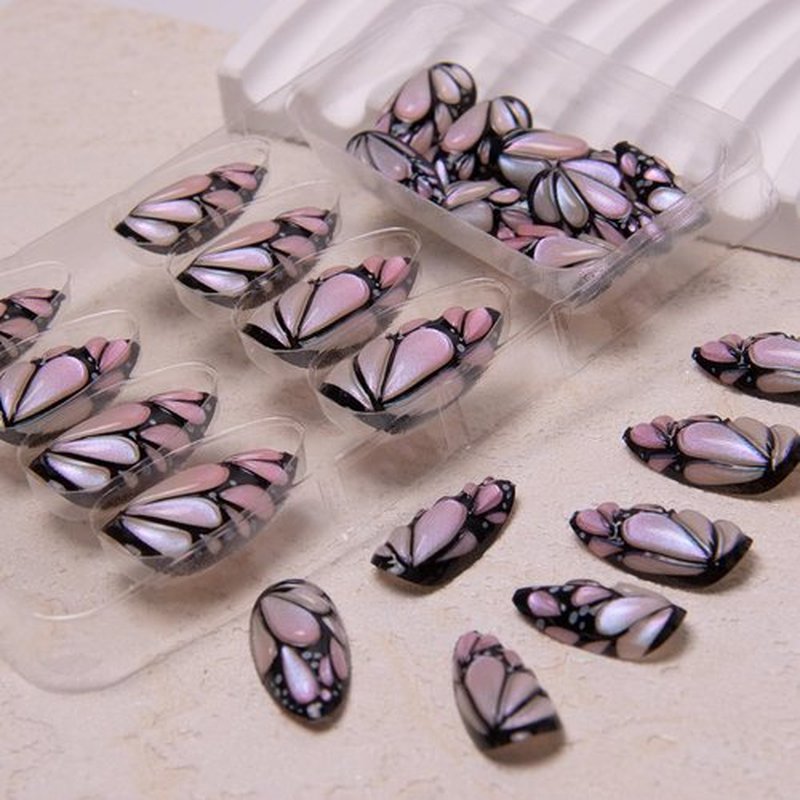 Almond Press on Nails Medium 3D Butterfly Fake Nails Soft Gel Jelly False Nails with Cat Eye Butterfly Designs Shiny Glossy Artificial Acrylic Nails Colorful Glue on Nails for Women Manicure 30Pcs