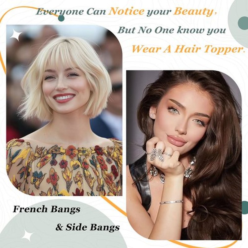 OOPPOO Hair Toppers for Women Real Human Hair, 360° 3D Cover Toppers Hairpieces for Women with Thinning Crown Wispy Clip in Bangs Realistic Scalp Hairline (Black, Wispy Bangs)