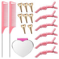 Coldairsoap 17 Pieces Hair Parting Tools Set Heart, Included 8P Hair Parting Ring 2P Metal Rat Tail Comb 6P Hair Sectioning Clip with 1P Magnetic Wrist Sewing Pin Holder for Braiding (Pink)