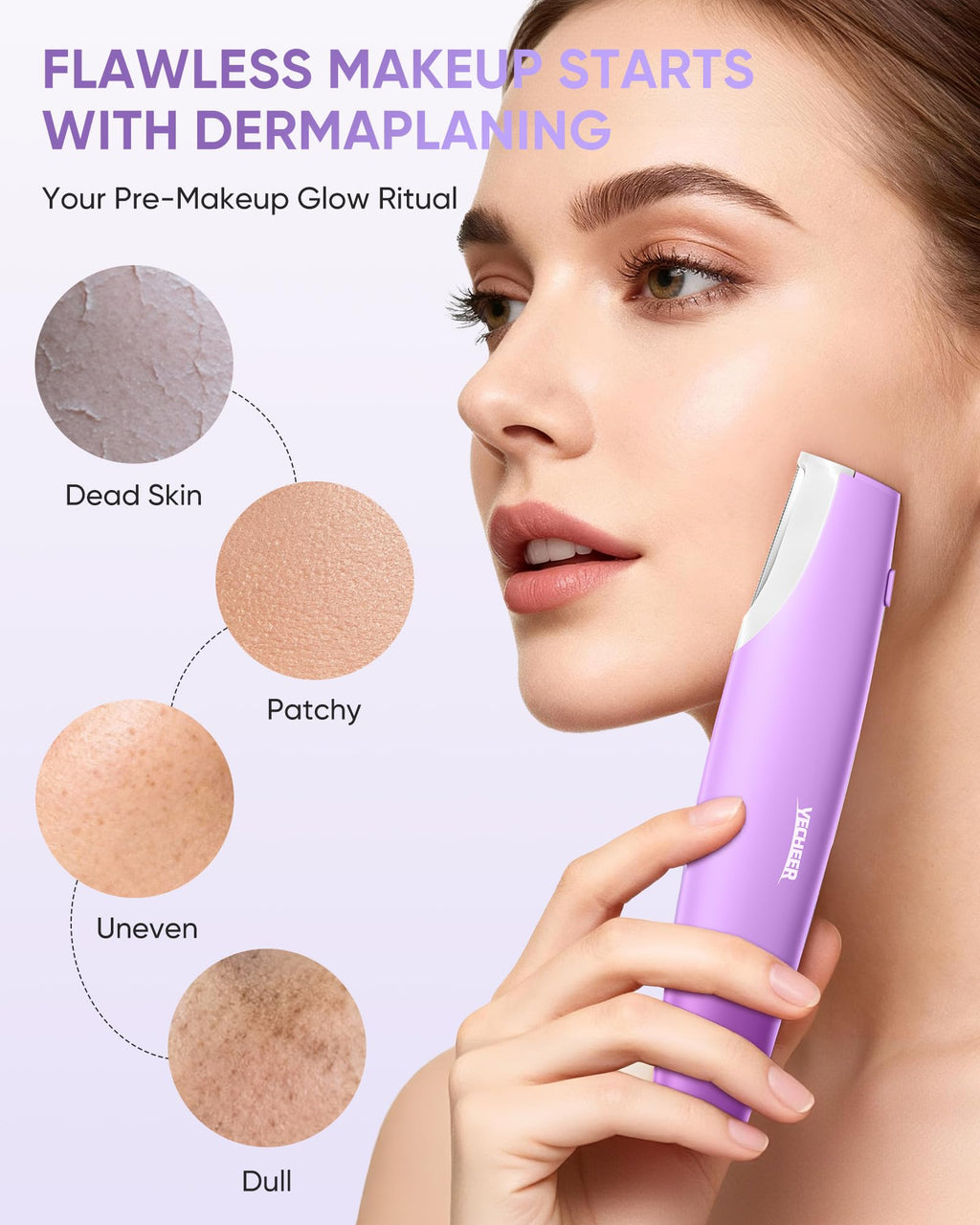 Yecheer Dermaplane Razor for Women Face, Sonic Dermaplaning Tool for Smooth & Flawless Skin, Dead Skin & Peach Fuzz Gentle Remover, Electric Facial Hair Removal with LED Light&8 Refill Blades, Purple