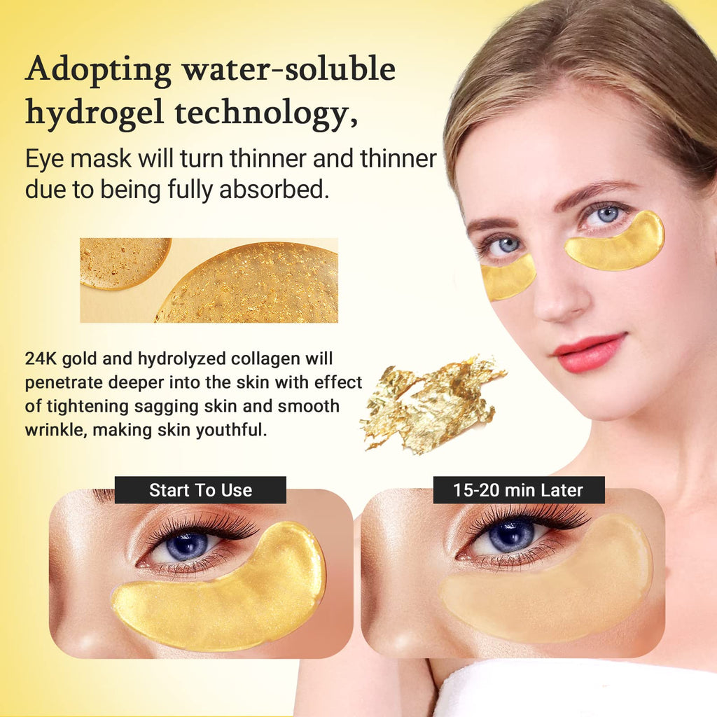 PEAUAMIE Under Eye Patchs 24k Gold Eye Mask and Hyaluronic Acid and Rose for Dark Circles and Puffiness Wrinkle Eye Bags 30 Pairs