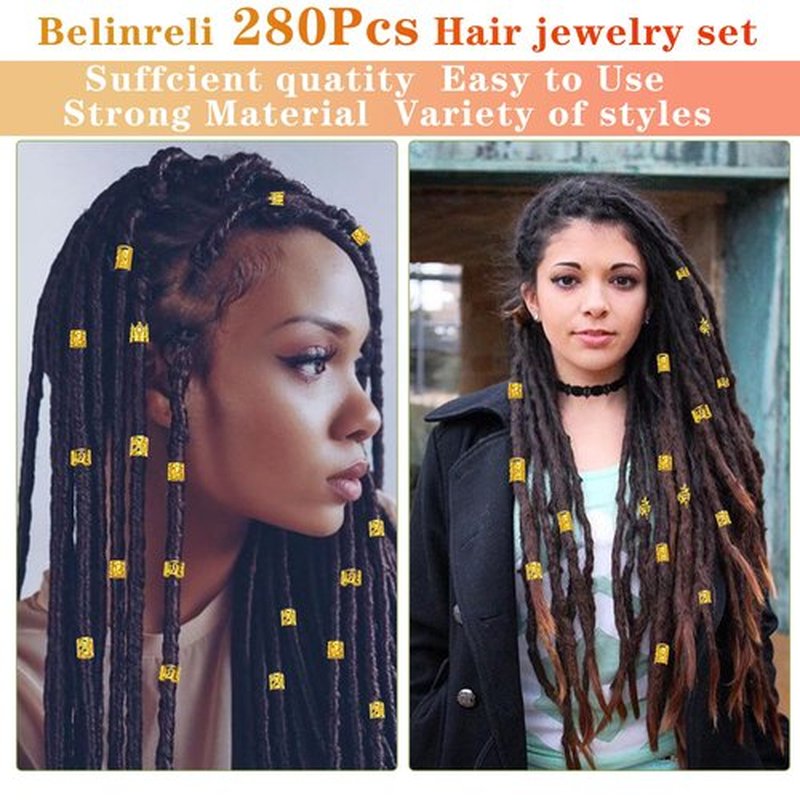 Belinreli 280 Pcs Hair Jewelry for Braids, Gold Loc Jewelry for Hairs Dreadlocks Braid Clips Accessories Metal Hair Rings for Braids Cuffs Braid Clips Decorations for Women Men Unisex