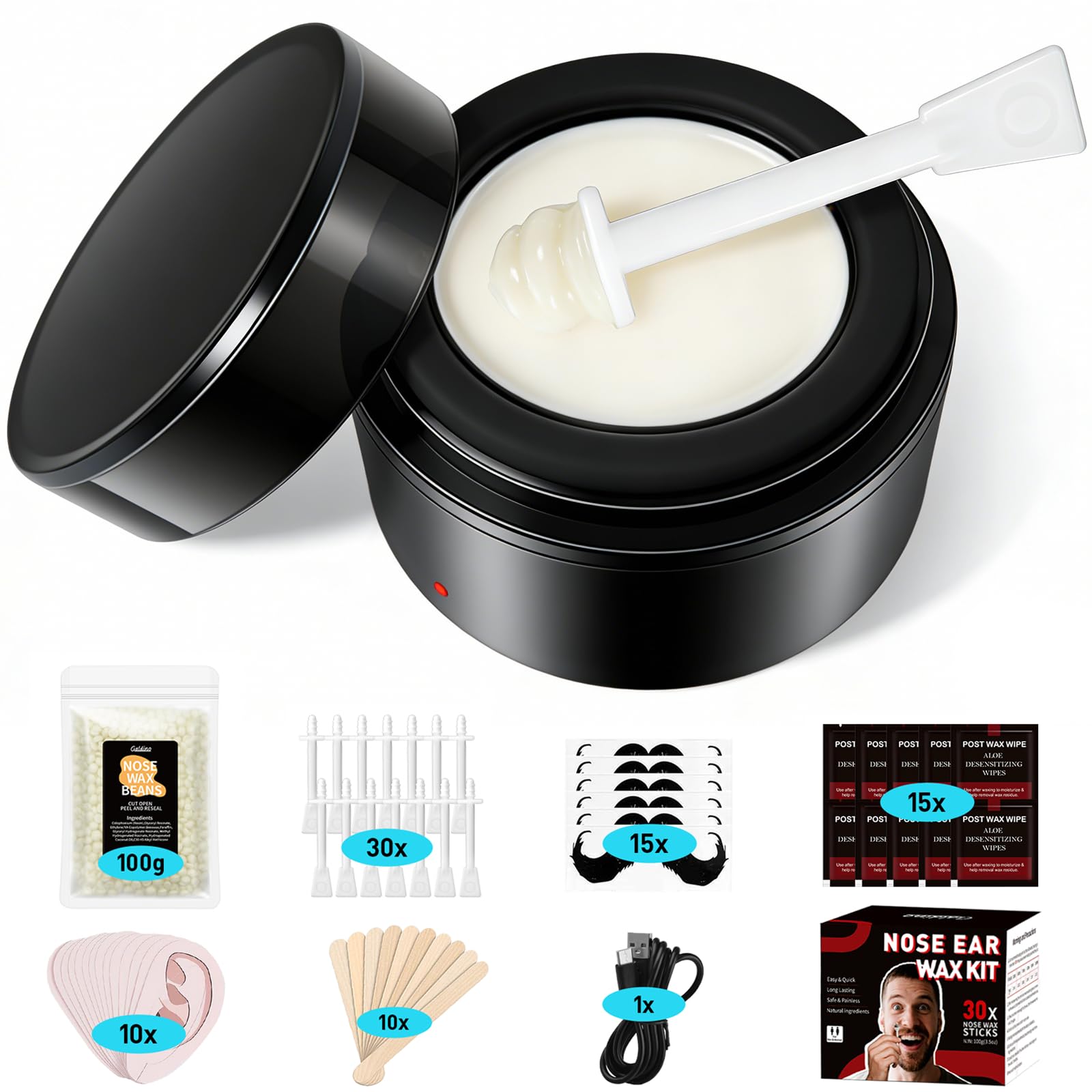 Galdino Nose Wax Kit Men, Nose Hair Wax Kit With 30 Sticks, Painless Nose & Ear Hair Removal, Usb Fast Heat Mini Wax pot, Smart Constant Temp