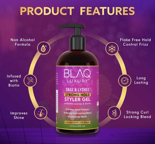 Blaq Luxury Sage & Lychee Strong Hold Styler Gel - Non-Alcoholic and Non-Flaky Formula for All-Day Hold – Biotin Infused - Promotes Hair Repair, Growth, and Manageability - 12oz