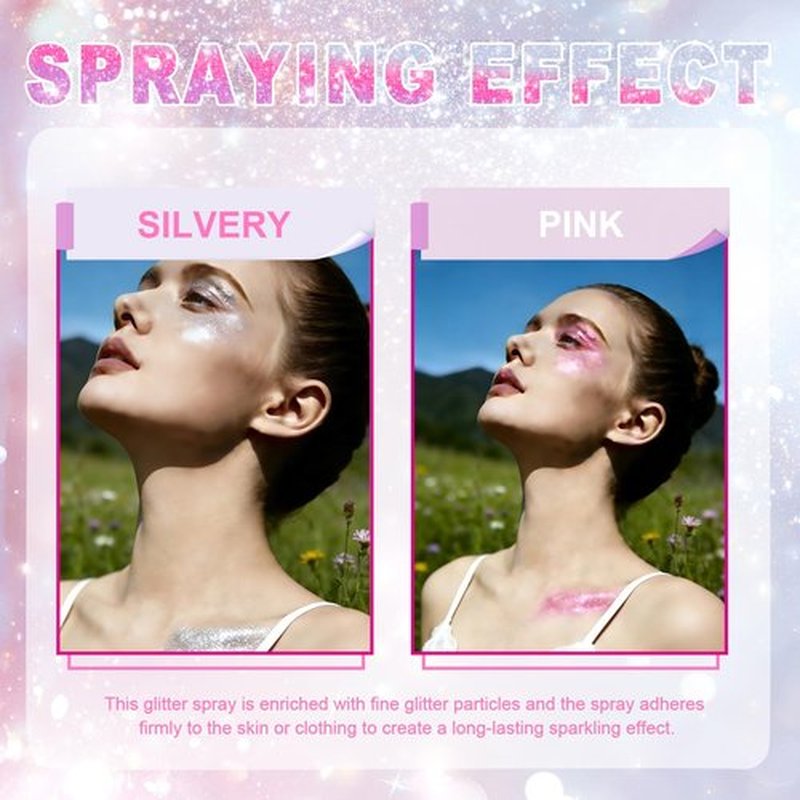 Hair and Body Glitter Spray,Long Lasting Quick-Drying Shimmer Mist for Music Festival Revelry, Nightclub Parties and Balls,Hairspray for Clothes, Face Glitter Spray 4.22 Fl Oz (Silver and Pink)