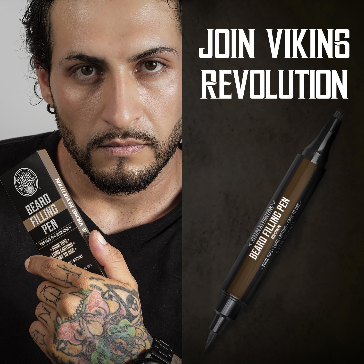 Viking Revolution Beard Pen (2 Pack) - Brown Beard Pencil Filler for Men Lapiz para Barba de Hombre - Beard Filler for Men Waterproof Beard Filling Pen Kit - Long Lasting Beard Filler Pen with Brush