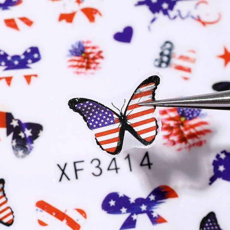 8sheets 4th of July Nail Art Stickers 3D Self-Adhesive American Flag Patriotic Independence Day Nail Decals USA Flags Butterfly Heart Star Nail Design I Love America for Memorial Day DIY Manicure