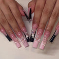 Long Press on Nails Square Fake Nails Pink Artificial Nail Black French and 3D Flowers Designs Cute Bow Stick on Nail for Women 24pcs