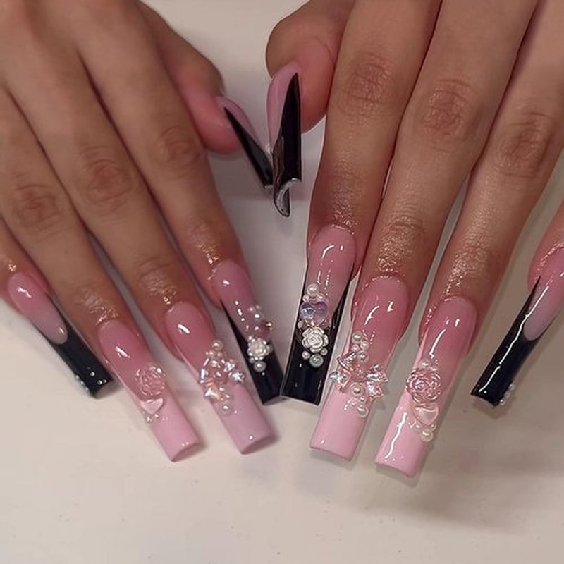 Long Press on Nails Square Fake Nails Pink Artificial Nail Black French and 3D Flowers Designs Cute Bow Stick on Nail for Women 24pcs