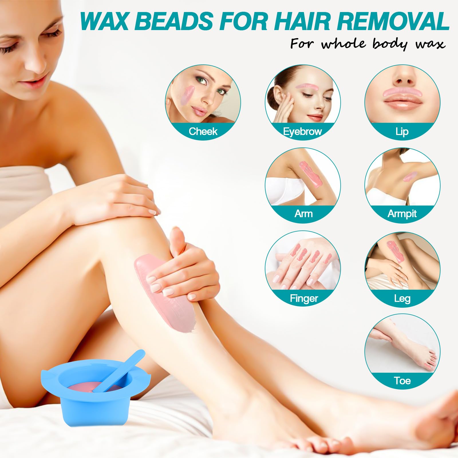 PURPESKY Wax Beads Bulk, 2lbs Hard Waxing Beans for Hair Removal, Brazilian Coarse Wax for Face, Leg, Bikini, Home Waxing Kit with Collapsible Bowl/Pot & Collapsible Bowl (Sea salt)